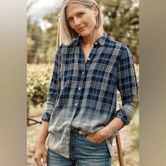 J. Jill Blue Dip Dye Ombré Plaid Button Front Boyfriend Lng Slv Shirt Sz 2X - Picture 11 of 14